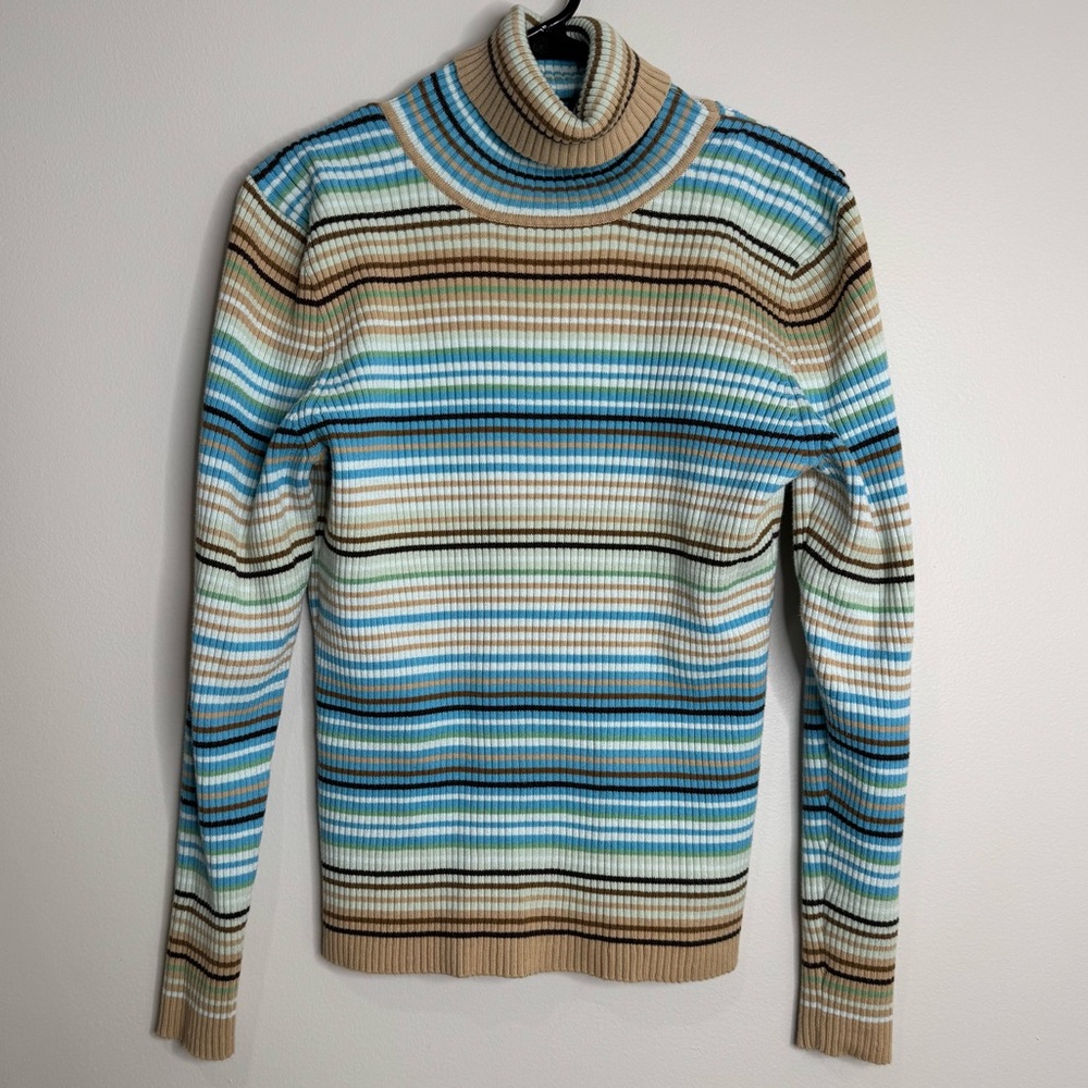 GAP Y2K Vintage Striped Ribbed Turtleneck Blue Tan White Indie Size XL Women's